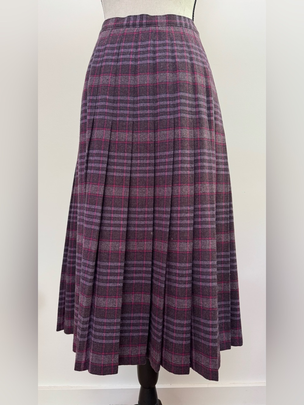 Vintage 70s 80s Dark Academia Plaid Wool Pleated Midi Skirt Pendleton 14